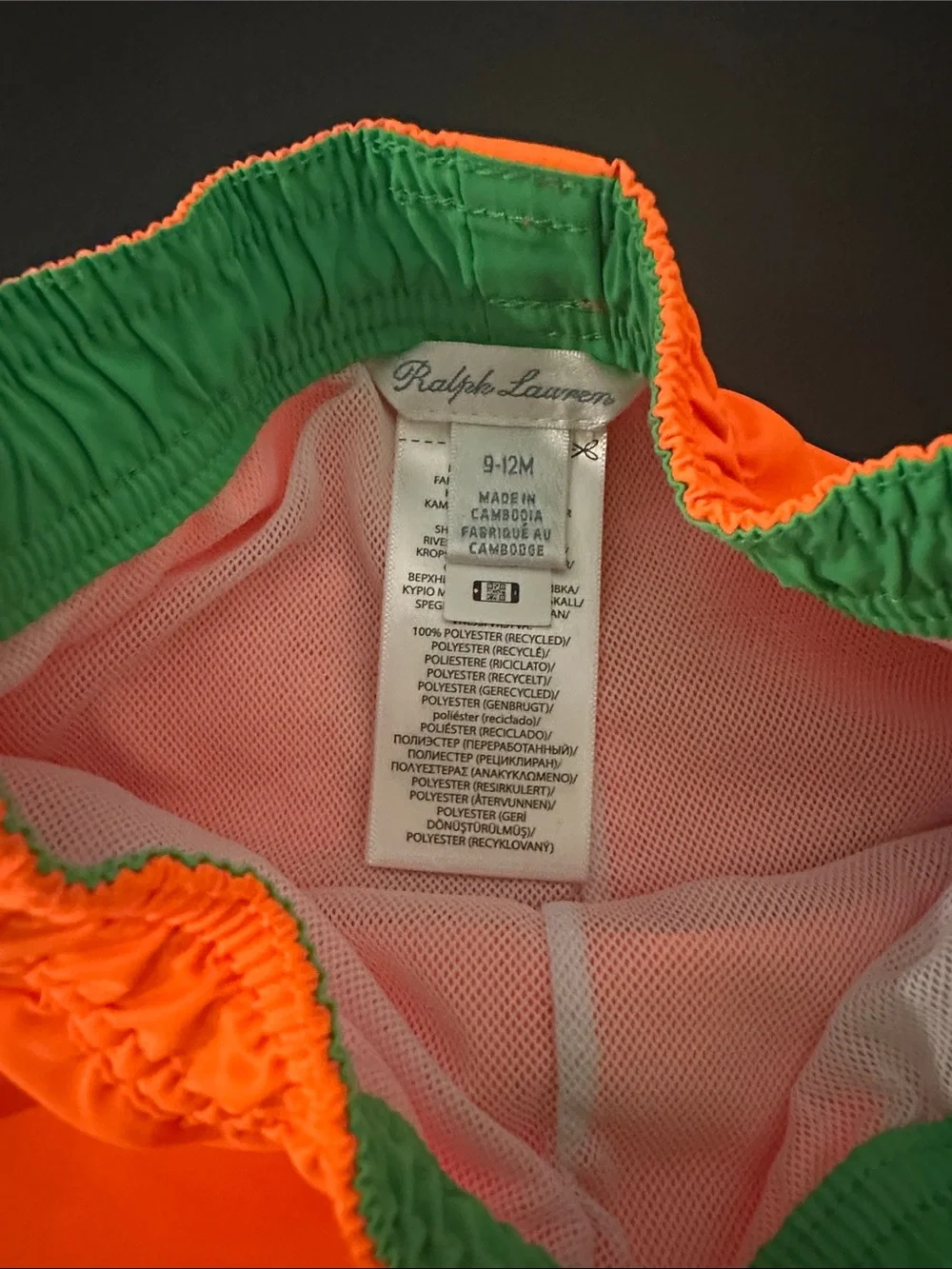 Ralph Lauren Orange Kids Swim Trunks with Teddy logo. Size 9-12 months
